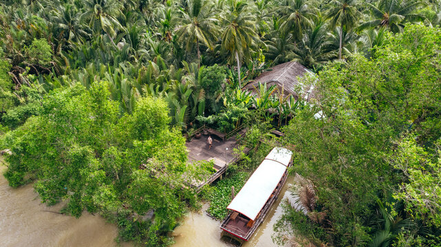man standing on dock with boat on tropical coastline of Ben Tre along brown Mekong River with coconut tree jungle, aerial