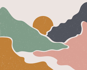 Set of three Abstract Aesthetic mid century modern landscape Contemporary boho poster cover template. Minimal and natural Illustrations for art print, postcard, wallpaper, wall art.