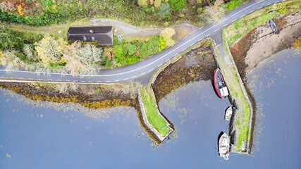 Aerial view of a green small harbor in Galway