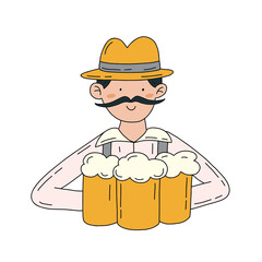 Male character in a hat with beer hand drawn flat illustration isolated on white. Alcohol drink concept.