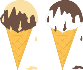 Ice cream vector illustration. Ice cream in a waffle cone. White. Chocolate.  Condensed milk