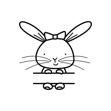 Line art illustration of adorable cartoon rabbit sitting at table