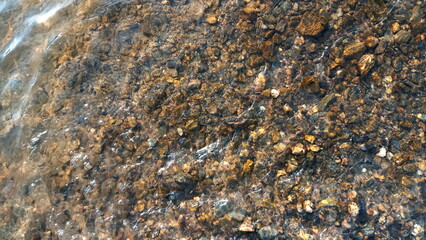 Top view on colorful pebbles covered by water. Close up view of smooth round pebble stones on the beach.
