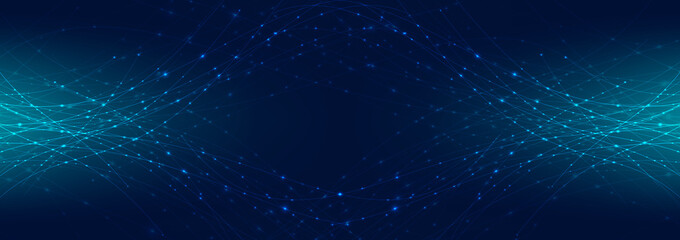 Abstract banner web header blue laser line curved with sparkle lighting on dark blue space background