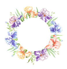 Fototapeta premium Watercolor iris frame. Hand-painted clipart