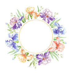 Watercolor iris frame. Hand-painted clipart