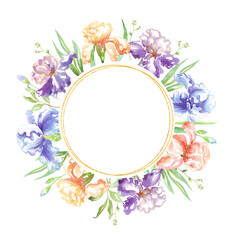 Watercolor iris frame. Hand-painted clipart