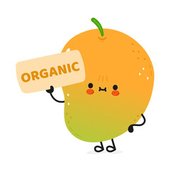 Cute funny mango character with poster organic. Vector hand drawn cartoon kawaii character illustration icon. Isolated on white background. Mango character concept