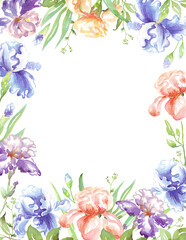 Fototapeta premium Watercolor iris frame. Hand-painted clipart