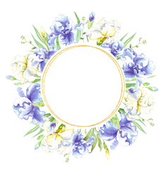 Fototapeta premium Watercolor iris frame. Hand-painted clipart