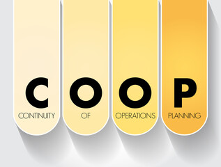COOP - Continuity Of Operations Planning is a initiative to ensure that agencies are able to continue performance of essential functions under a broad range of circumstances, acronym text concept - obrazy, fototapety, plakaty