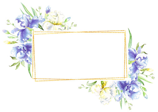 watercolor iris flowers with gold frame clip art preview