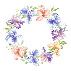 Watercolor iris wreath. Hand-painted clipart