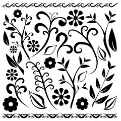 Black floral ornaments set isolated clipart vector on white background
