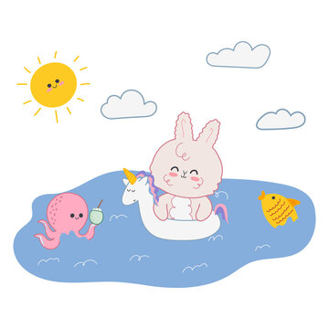 Vector illustration of a cute kawaii rabbit swimming in the sea wearing a unicorn pool ring. Vacation and summer concept