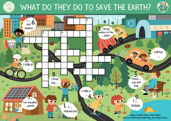 Vector ecological crossword puzzle for kids. Earth day quiz with eco city landscape for children. Eco awareness educational activity. Cute cross word with environment friendly scene.