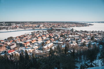 Östersund (Sweden Lapland) in March. Aerial view of cityscape panorama with snow and frozen lake...