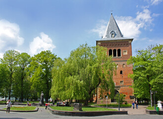 Belfry of the Church of St. Bartholomew in Drogobych, Ukraine - obrazy, fototapety, plakaty