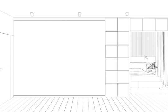 A sketch of the modern room with a blank wall, built-in door, partition with doorway to the bedroom with cabinets above bed by the window. 3d render