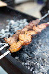 Shish kebab is fried on the grill close-up in summer