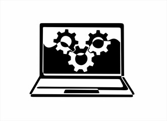 icon of laptop and gears, Adjusting app options, maintenance, repair, fixing monitor. 