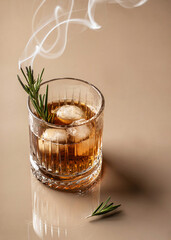 Whiskey in glass with rosemary and beautiful swirls of smoke on brown monochrome background. Close up, text space