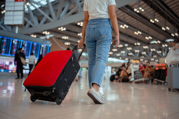Traveler with suitcase in airport concept.Young girl walking with carrying luggage and passenger for tour travel booking ticket flight at international vacation time in holiday rest and relaxation..