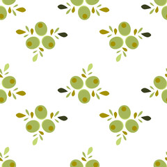 Seamless vector pattern with olives and olive leaves on a white background. Illustration for the label of olive oil, canned olives, olive product packaging. Vegetable texture
