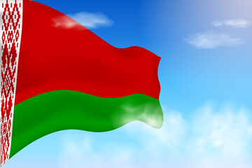Belarus flag in the clouds. Vector flag waving in the sky. National day realistic flag illustration. Blue sky vector.