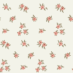Fototapeta na wymiar Seamless floral pattern with small sparse flowers on a light background. Pretty ditsy print, simple botanical background design with tiny hand drawn plants, flowers, leaves. Vector illustration.