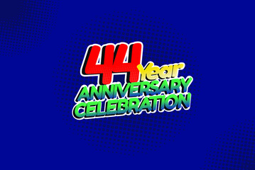 44 year anniversary celebration fun style logotype. anniversary logo with red, purple and blue color isolated on red background, vector design for celebration, invitation and greeting card - Vector