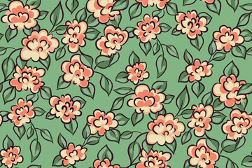 Fototapeta na wymiar Seamless floral pattern with small decorative roses, leaves. Cute ditsy print, vintage botanical background design with hand drawn pretty plants, little flowers, leaves. Vector illustration.