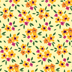 Colorful ditsy print, seamless floral pattern with small hand drawn rustic plants. Cute botanical background, romantic surface design with little flowers, leaves. Vector.