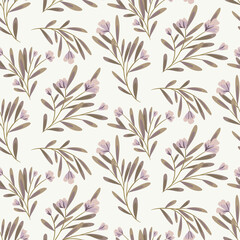 Fototapeta premium Seamless floral pattern, delicate ditsy print with flowers branches on a light surface. Romantic botanical background with hand drawn rustic plants, small wild flowers. Vector.