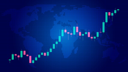 Cryptocurrency gain graph on blue bitcoin world map. Vector.