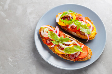 Spanish tapas on concrete. Bruschetta with fresh tomato, greens and olives. Vegetarian sandwiches on a gray plate. Top view. Copy space
