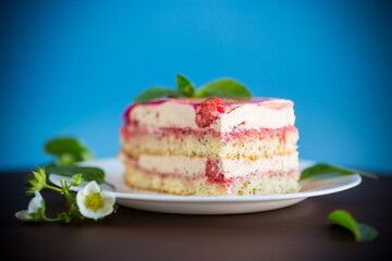 strawberry poppy cake with cream in a plate