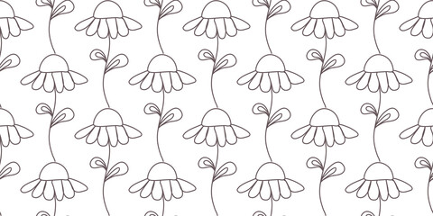 Seamless vector pattern. Monochrome ornament with daisies. Floral print for textiles. Black and white background. Children's texture. Cartoon