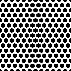 Repeated black polygons on white background. Honeycomb wallpaper. Seamless surface pattern design with regular hexagons. Grill motif. Digital paper for page fills, web designing, textile print. Vector