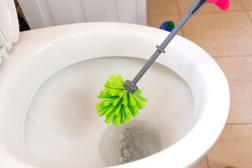 Cleaning the toilet, using a green toilet brush, cleaning.