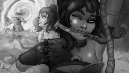 The girl runs away from the pursuer through the portal and creates copies of herself