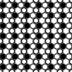 Repeated black figures on white background. Stylized honeycomb wallpaper. Seamless surface pattern design with hexagons. Mosaic motif. Digital paper for page fills, web designing, textile print.