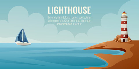 Naklejka premium Lighthouse on the coast and ship with sails at sea. Navigation help for seafarers. Seascape, vector illustration. Background for banner, poster, flyer, web template, website interface
