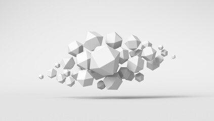 Many polygonal spheres fly on a white background. 3d render illustration for advertising.