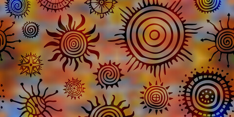 Fototapeta premium Ethnic background, seamless border, sun symbols, vector design