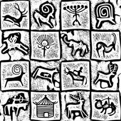 Petroglyphs of Central Asia, cave drawings, vector design, seamless pattern