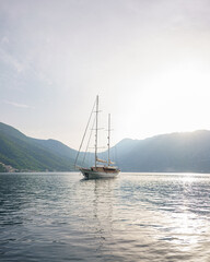 Beautiful landscape of Montenegr, wooden yacht