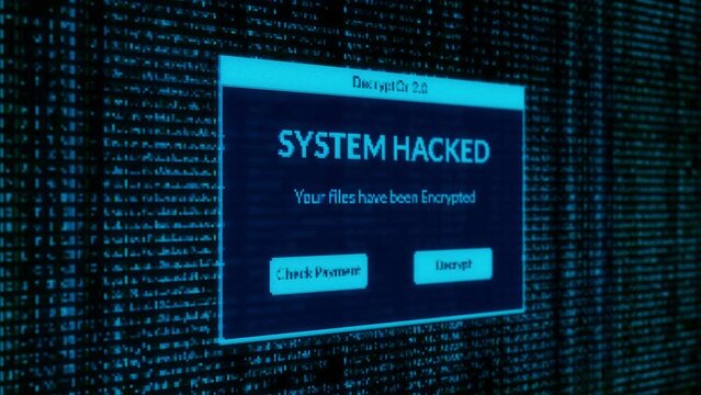 System Hacked Notification and check payment for decrypt system files concept with binary code background