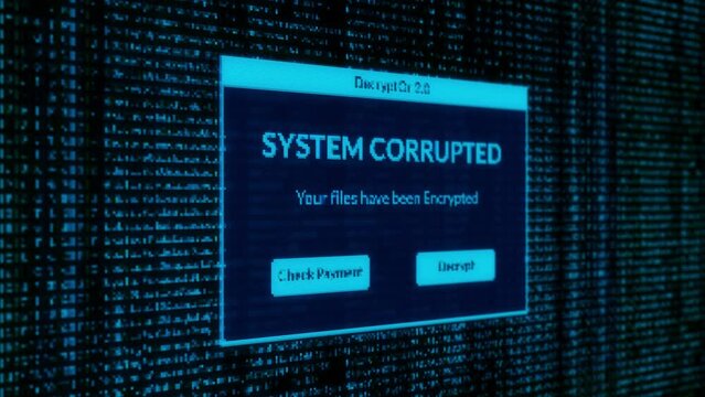 System Corrupted Notification and check payment for decrypt system files concept with binary code background