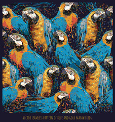 Vector seamless pattern of Blue and gold macaw birds. © NPD stock
